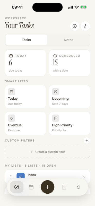 Agender Tasks screen showing lists, smart lists, and daily task counts
