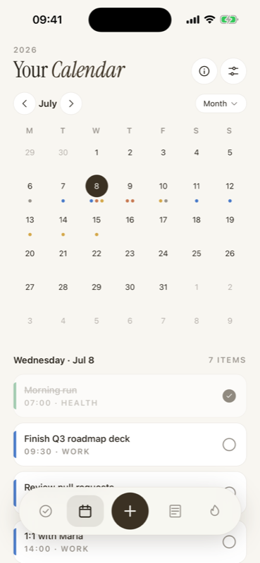 Agender Calendar screen with month view and agenda list