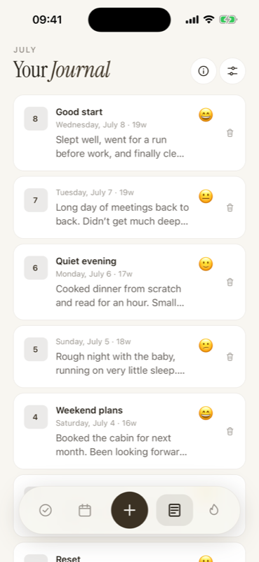 Agender Journal screen with mood emojis and daily entries