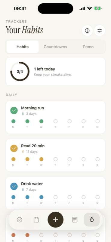 Agender Habits screen with streak tracking